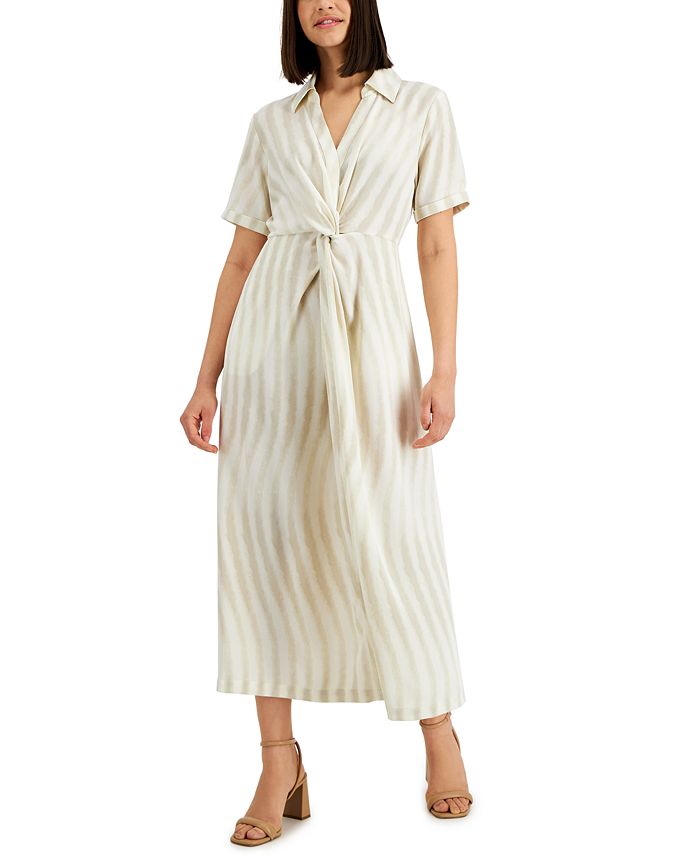 Alfani Women's Twist-Front Maxi Shirtdress Brown Size 4Petite