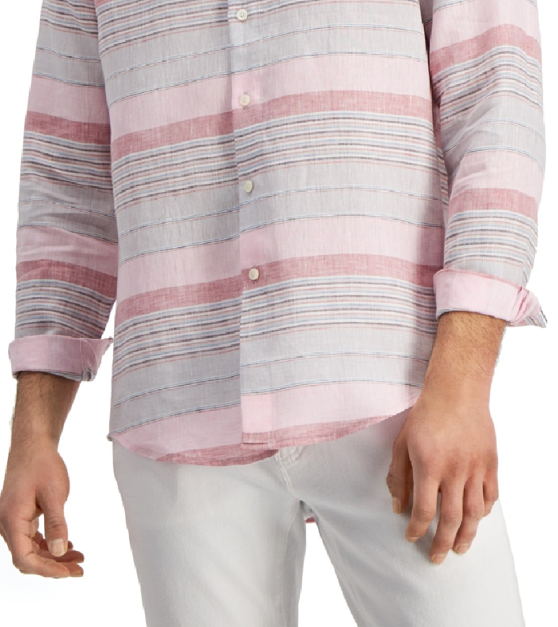 Club Room Men's Regular Fit Stripe Linen Shirt Pink Size Medium
