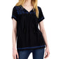 Style & Co Women's Embroidered Split Neckline Top Black Size Small