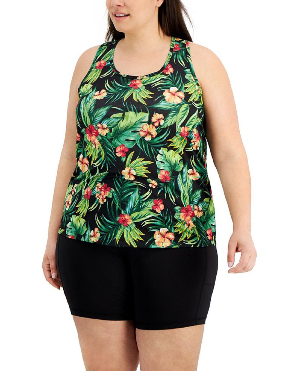 ID Ideology Women's Tropical Print Textured Tank Top Black Size 3X