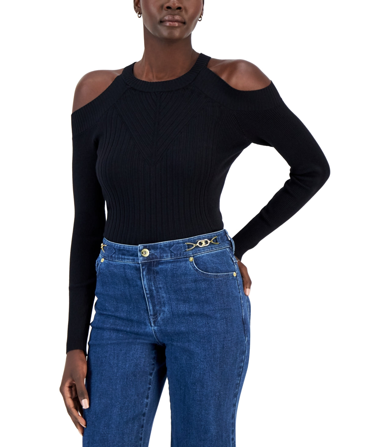 INC International Concepts Women's Ribbed Cold Shoulder Sweater Black Size XX-Large