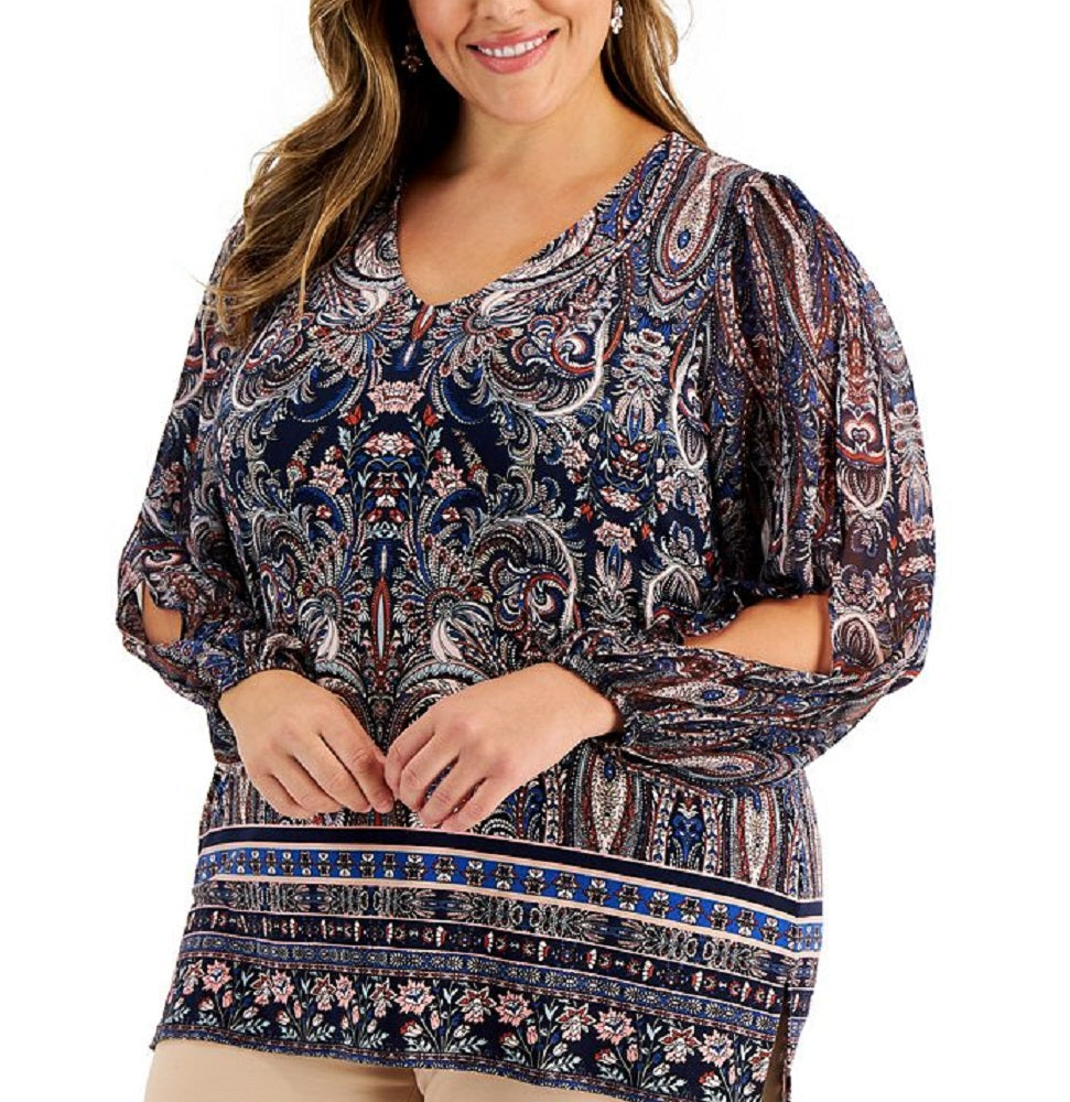JM Collection Women's Paisley Print Split Sleeve Top Blue Size 3X