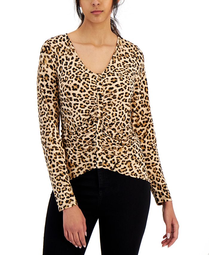 INC International Concepts Women's Leopard Ruched Front Top Brown Size X-Small