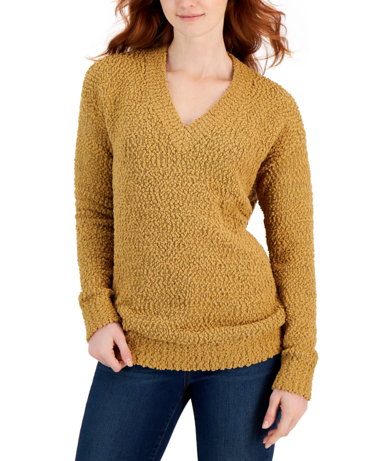 Style & Co Women's Teddy Boucle V Neck Sweater Brown Size XX-Large