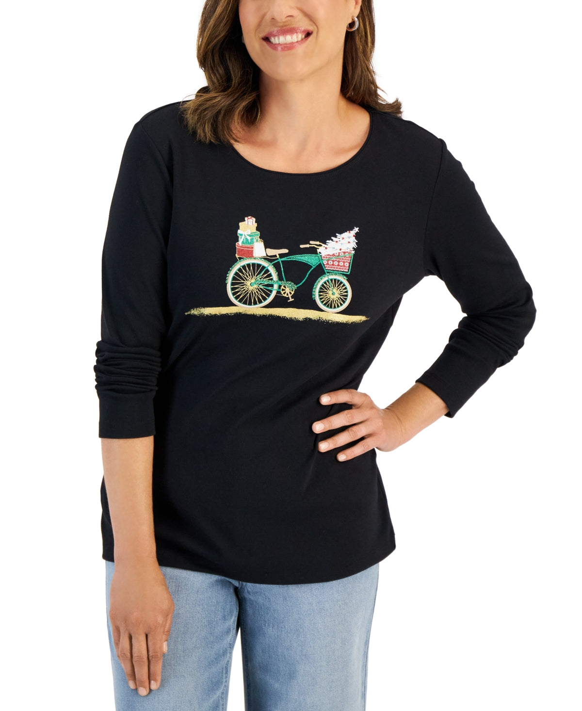 Karen Scott Women's Long Sleeve Holiday Top Black Size X-Large