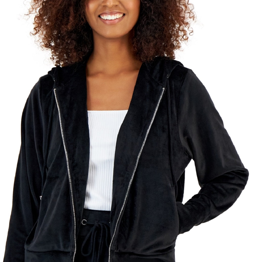 INC International Concepts Women's Velour Zip Up Hoodie Black Size Medium