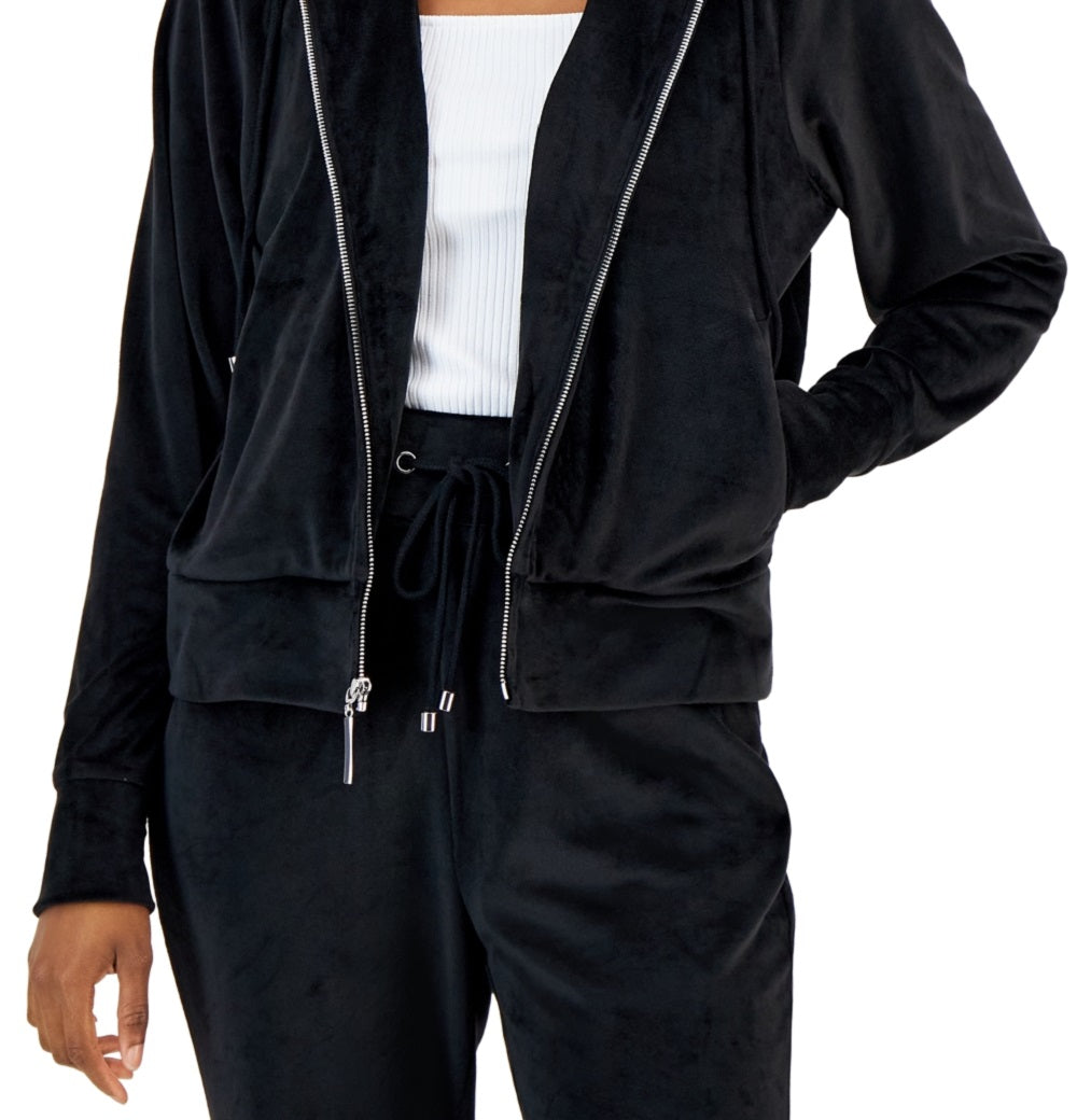 INC International Concepts Women's Velour Zip Up Hoodie Black Size Medium