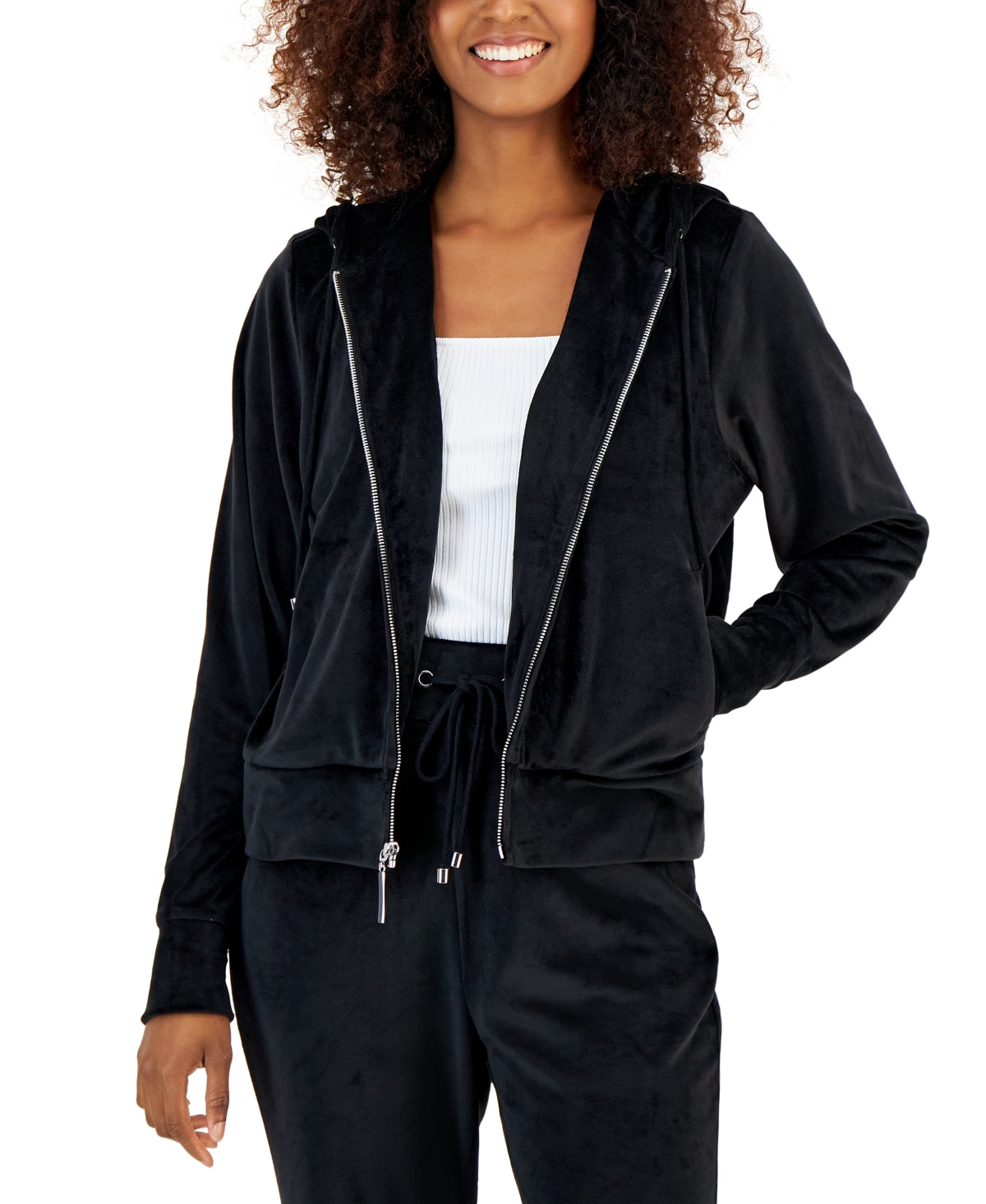 INC International Concepts Women's Velour Zip Up Hoodie Black Size Medium