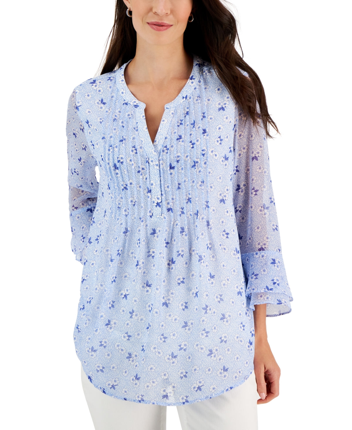 Charter Club Women's Print Pintuck Top Blue Size Large