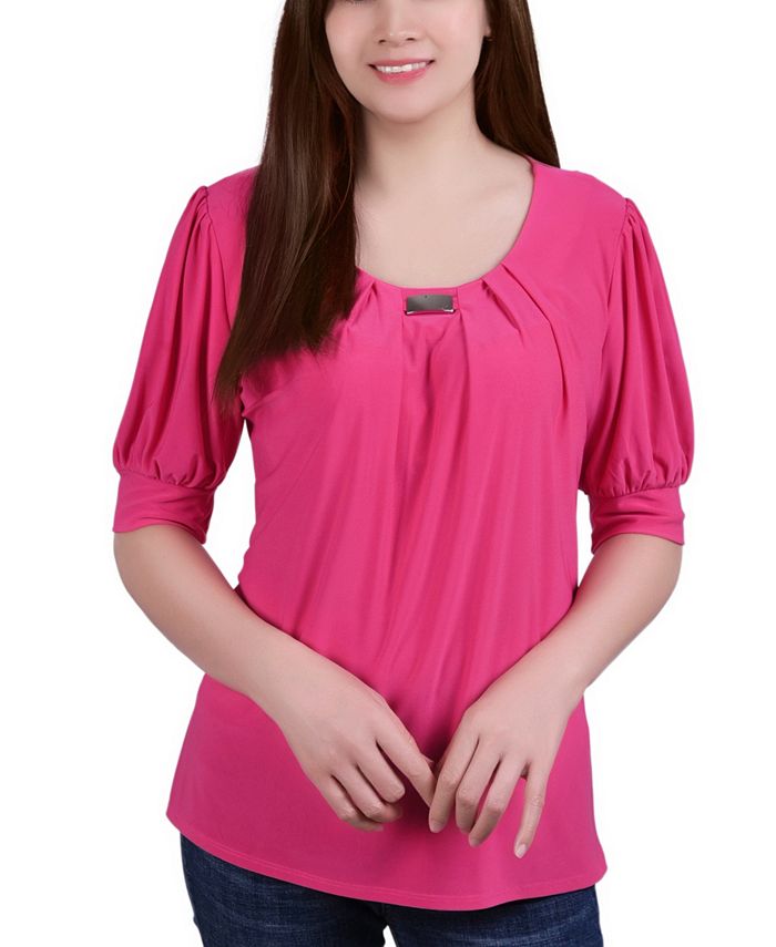 NY Collection Women's Short Sleeve Balloon Sleeve Top Pink Size Petite Medium