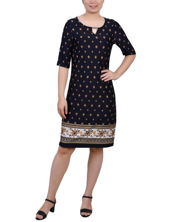 NY Collection Women's Elbow Sleeve Knee Length Dress Blue Size Petite Large