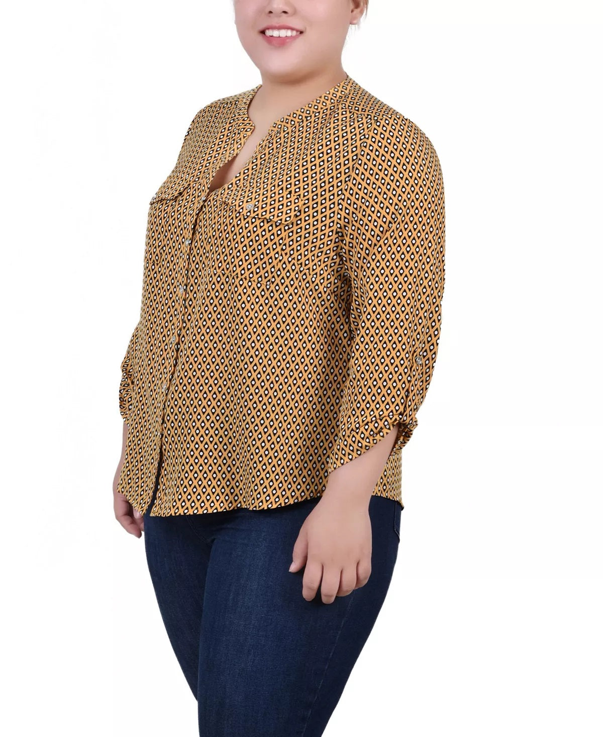 NY Collection Women's 3/4 Sleeve Roll Tab Y Neck Blouse Yellow Size 2X