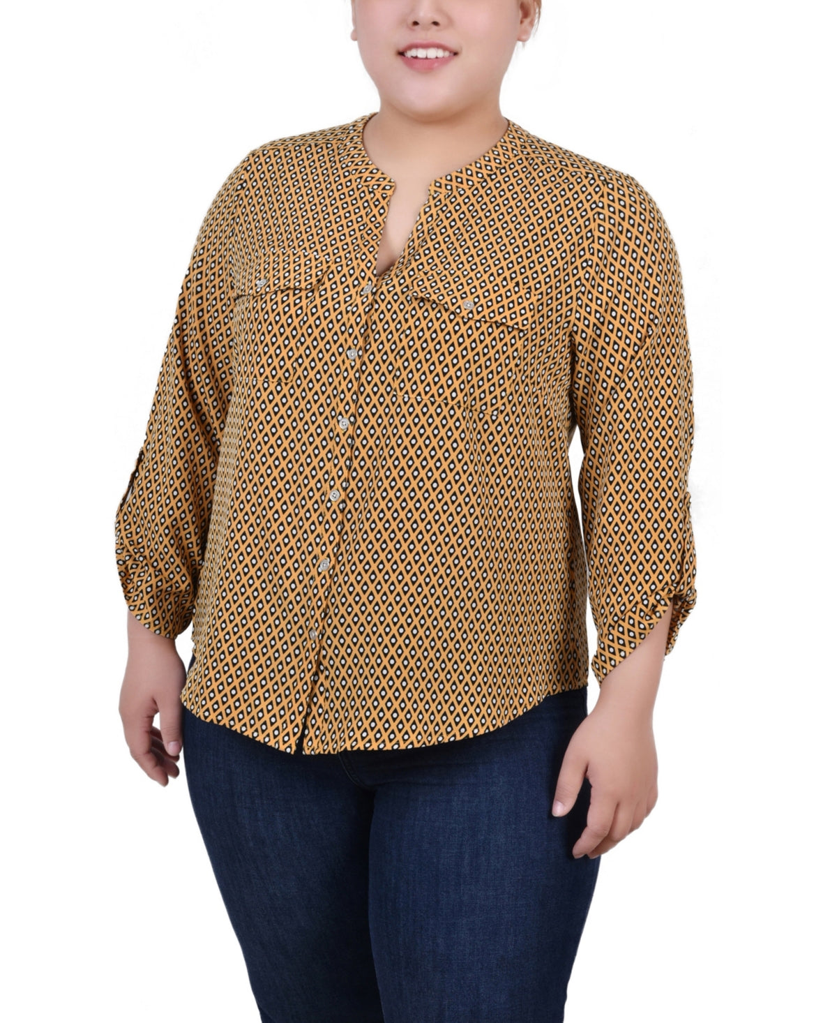 NY Collection Women's 3/4 Sleeve Roll Tab Y Neck Blouse Yellow Size 2X