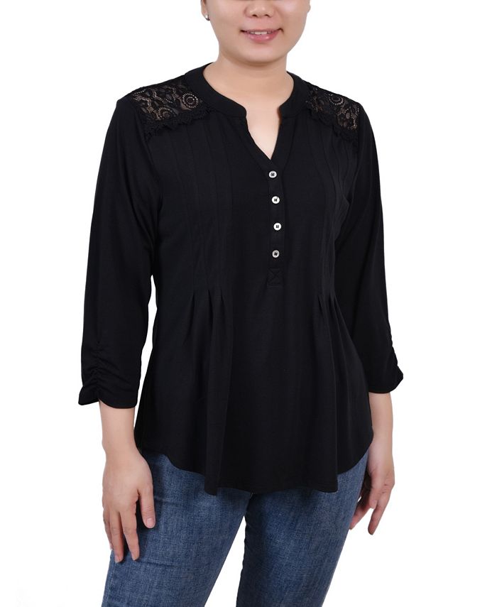 NY Collection Women's Rouched Sleeve Pintuck Top Black Size Petite Large
