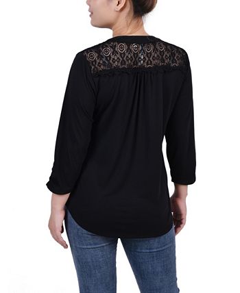 NY Collection Women's Rouched Sleeve Pintuck Top Black Size Petite Large