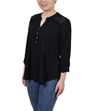 NY Collection Women's Rouched Sleeve Pintuck Top Black Size Petite Large