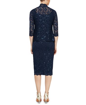 SL Fashions Women's 2 Pc Lace Jacket & Midi Dress Set Blue Size 14