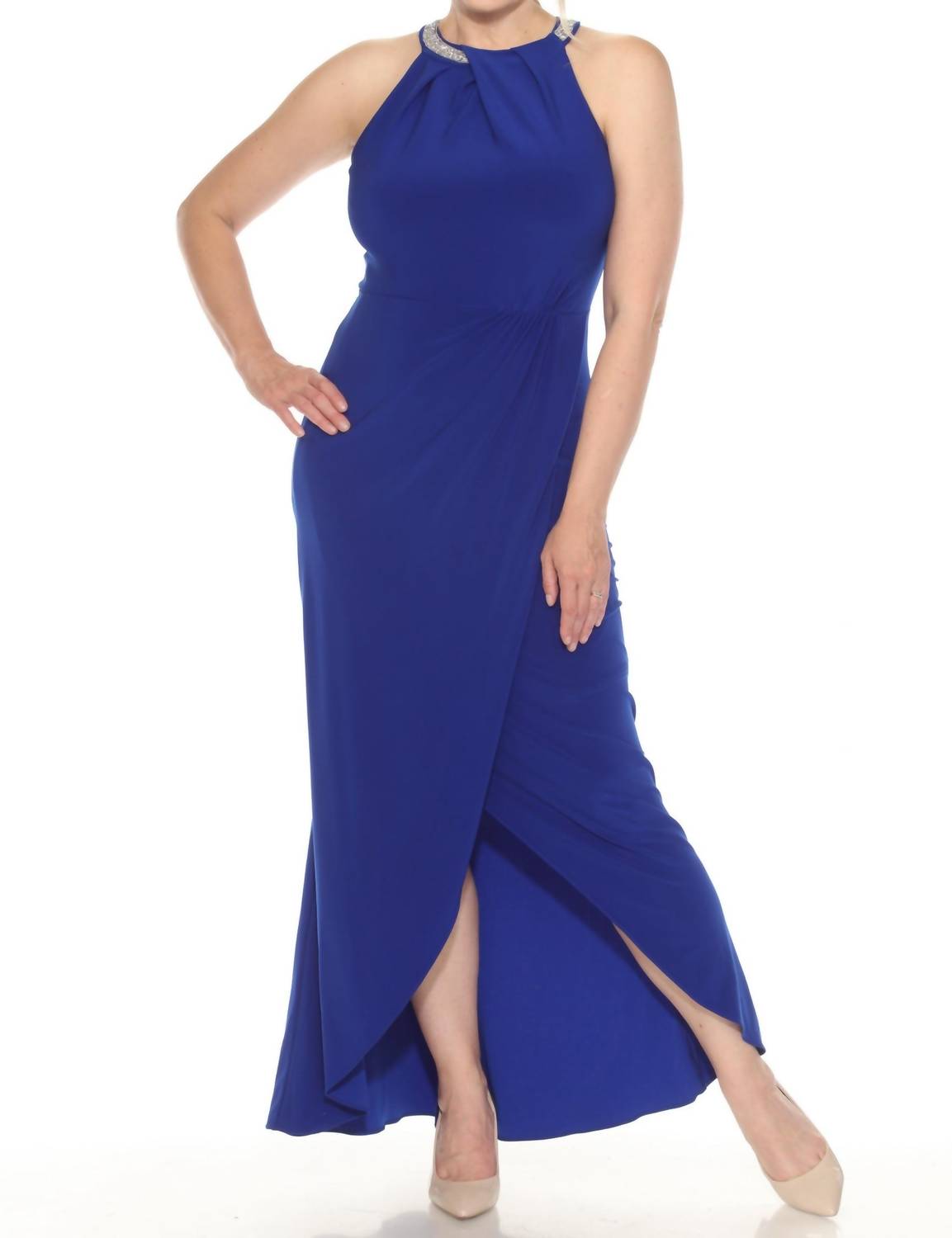 Joseph Ribkoff - Embellished Pleated Halter Evening Dress