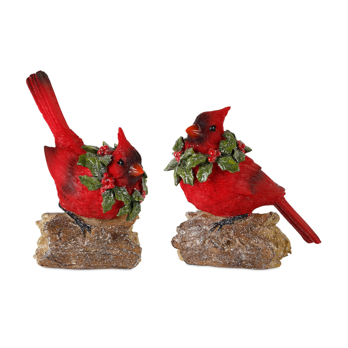 Perched Cardinal Bird on Log with Holly Wreath Accent (Set of 4)