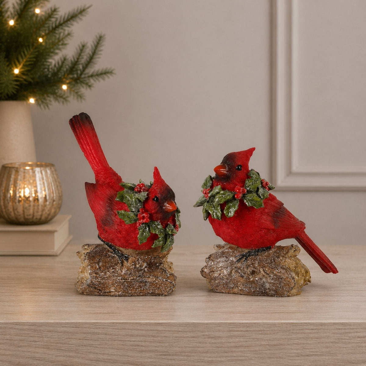 Perched Cardinal Bird on Log with Holly Wreath Accent (Set of 4)
