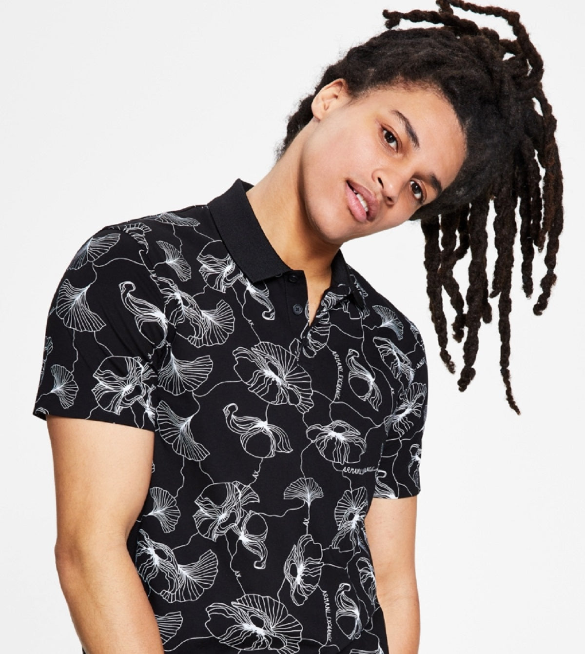 A|X Armani Exchange Men's Flower Print Polo Black Size Medium