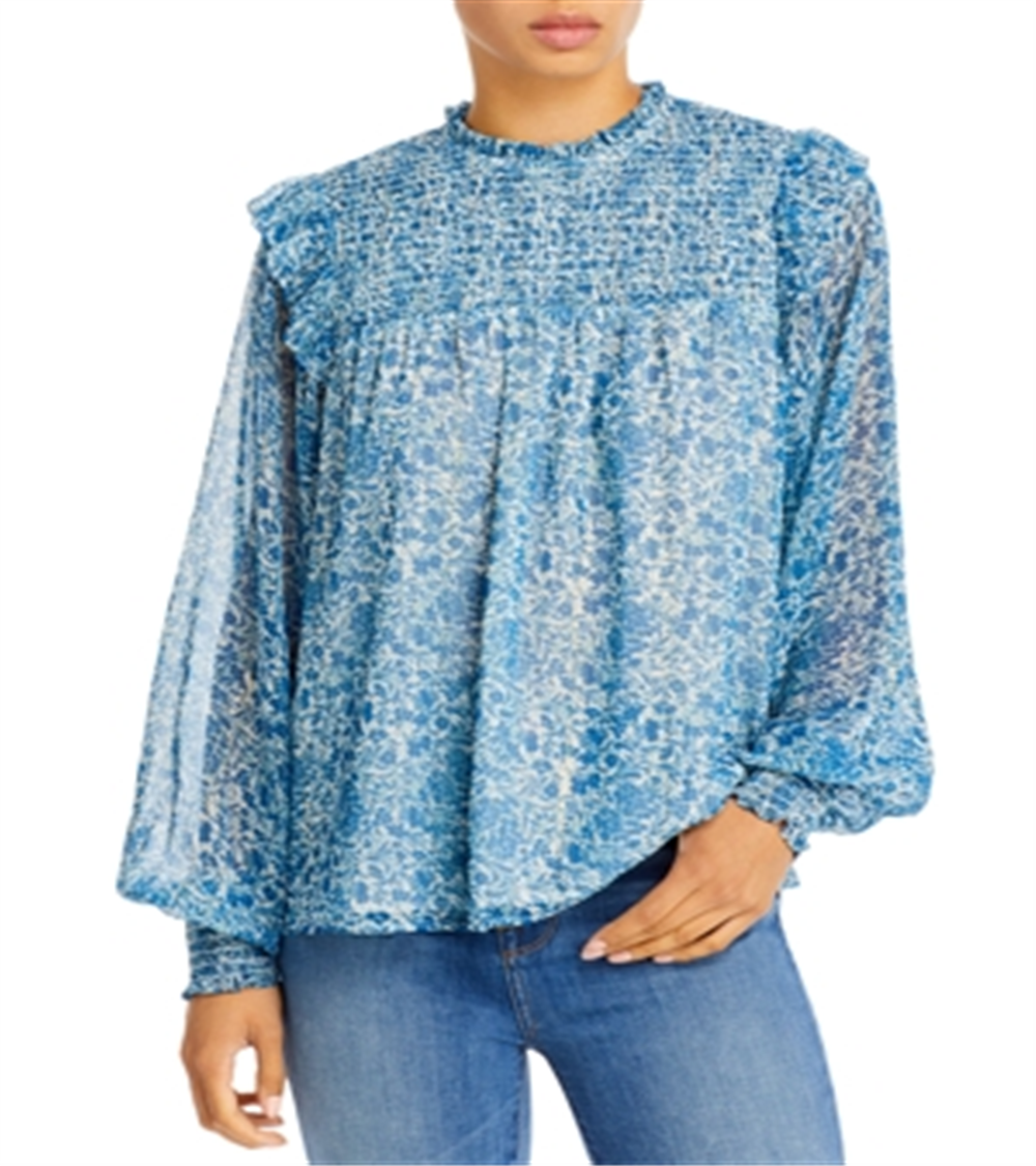 Aqua Women's Smocked Floral Print Top Blue Size Small