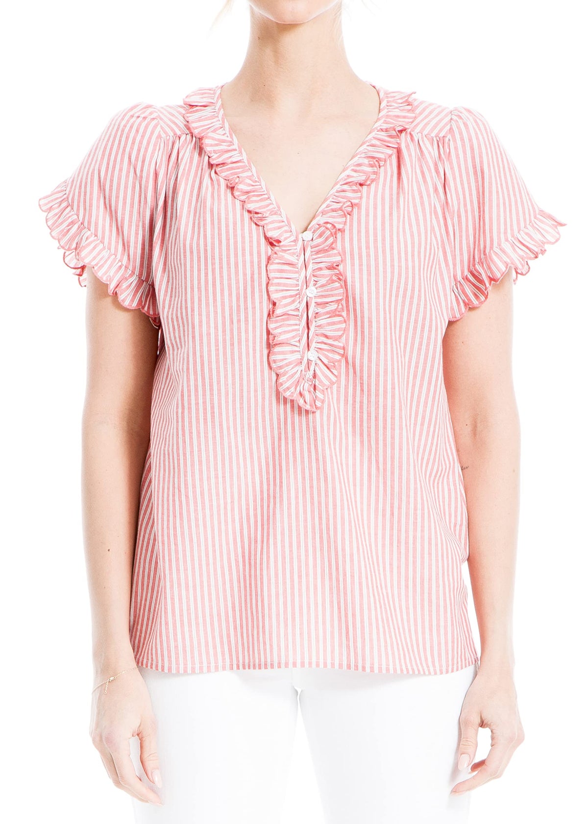 Max Studio Women's Short Sleeve Ruffle Top, Coral-Bd-72-3118, Large