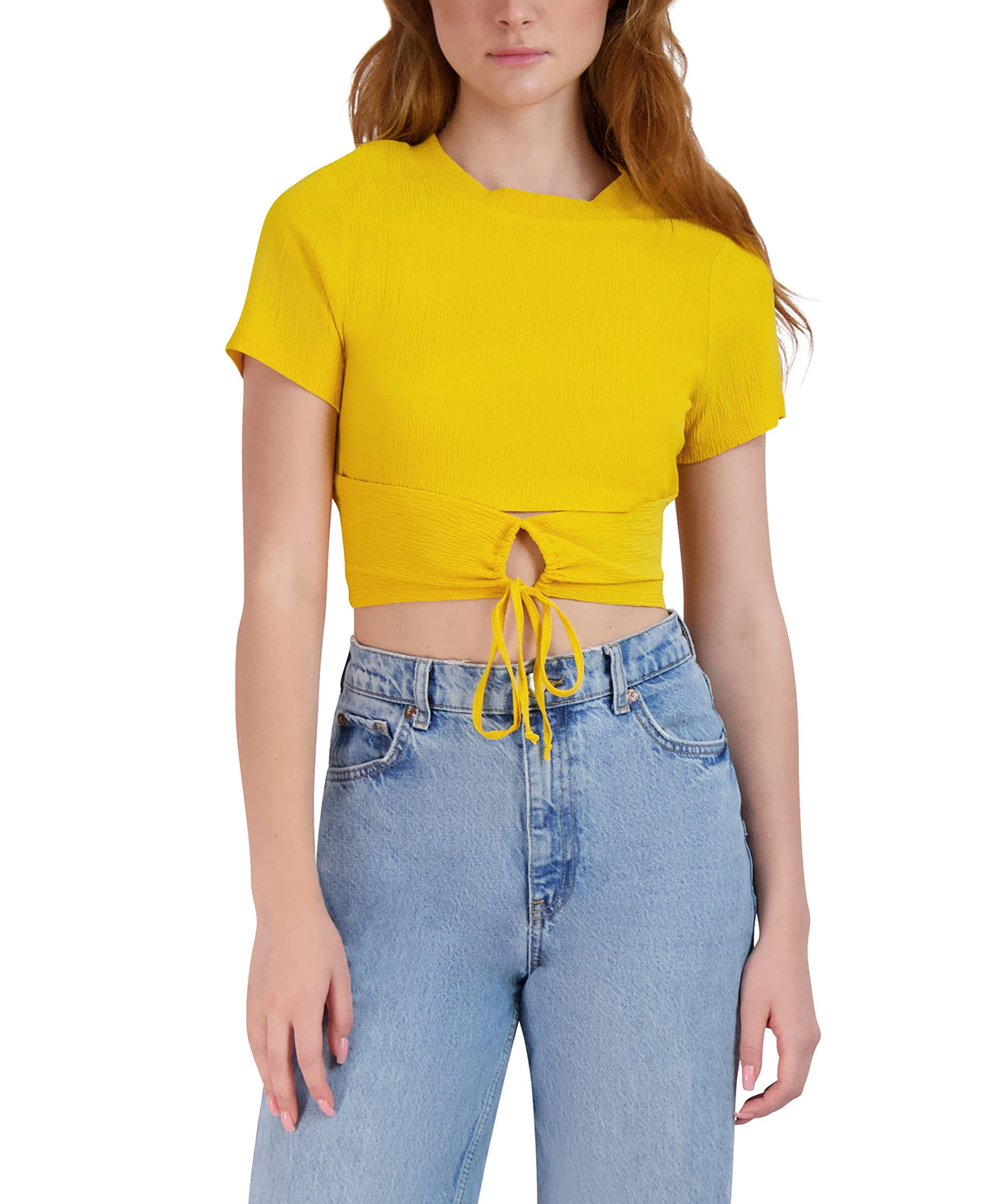 BCBGeneration Women's Fitted Short Sleeve Keyhole Drawstring Tie Crop Top, Golden Rod, Medium