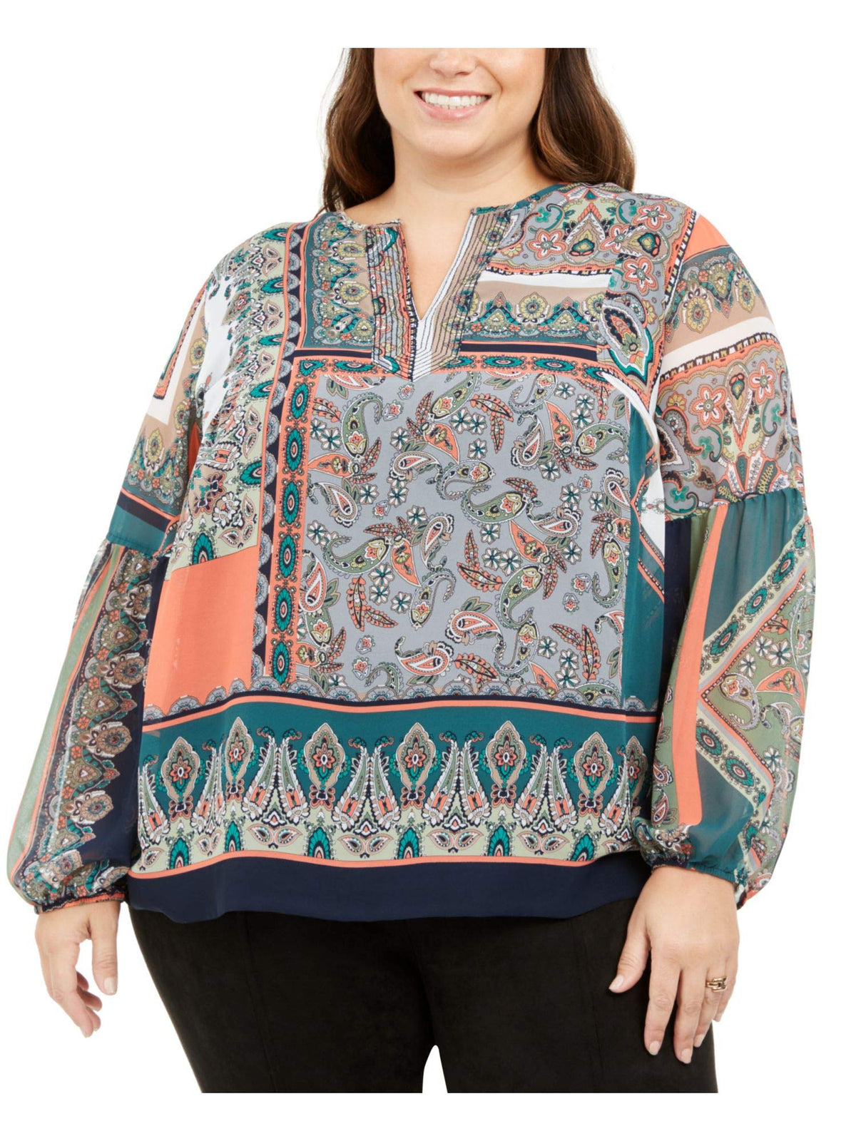 Tommy Hilfiger Womens Paisley Split Neck Top Navy 2X