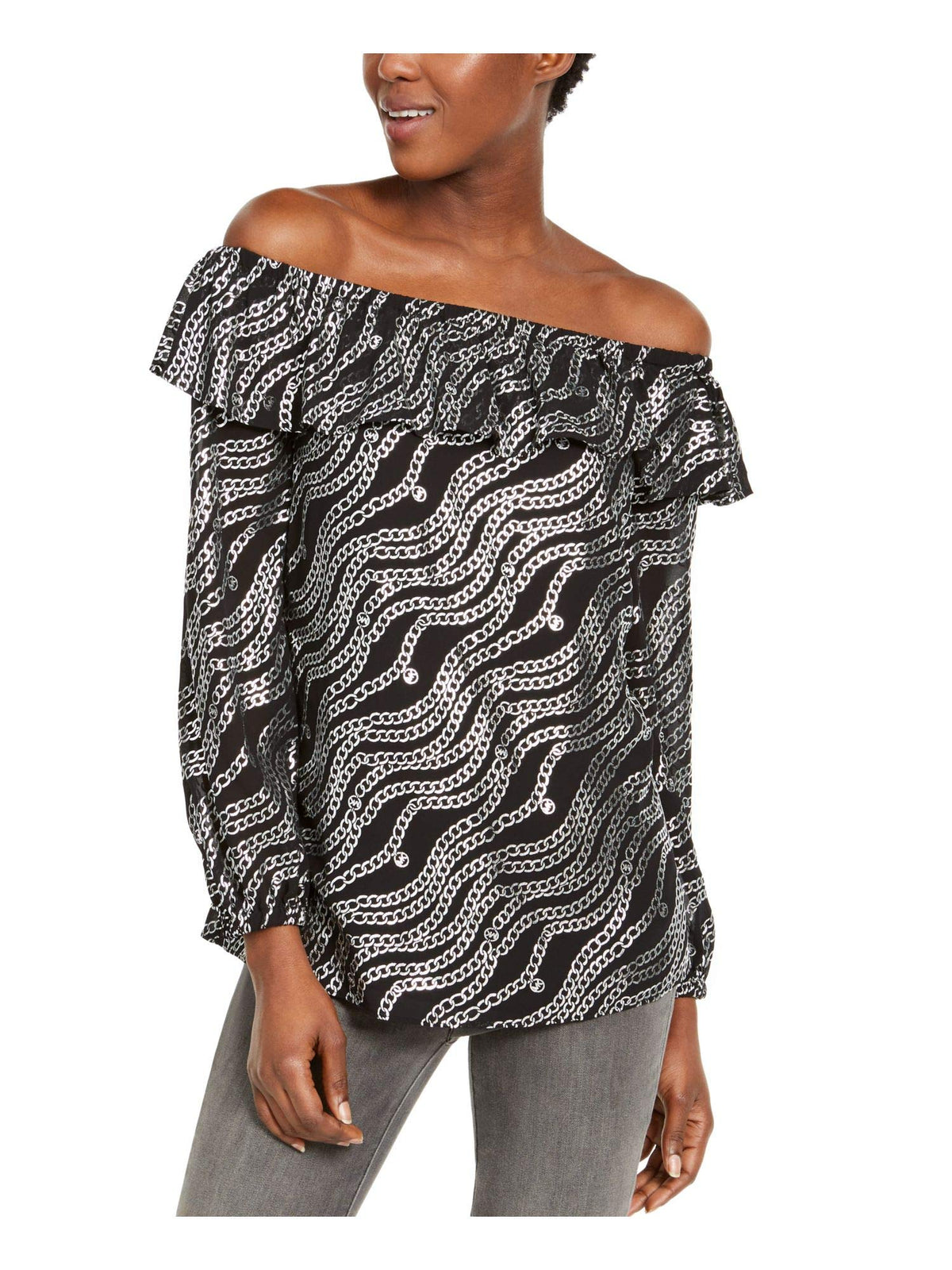 Michael Michael Kors Women's Metallic Chain-Print Top, Black/Silver, Size Petite
