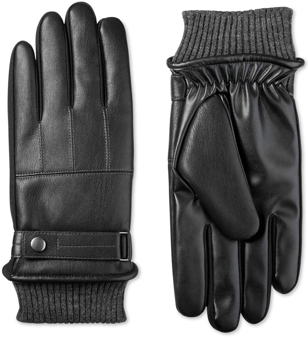 Isotoner Mens Faux Nappa Leather Smart Touch Winter Gloves Black L