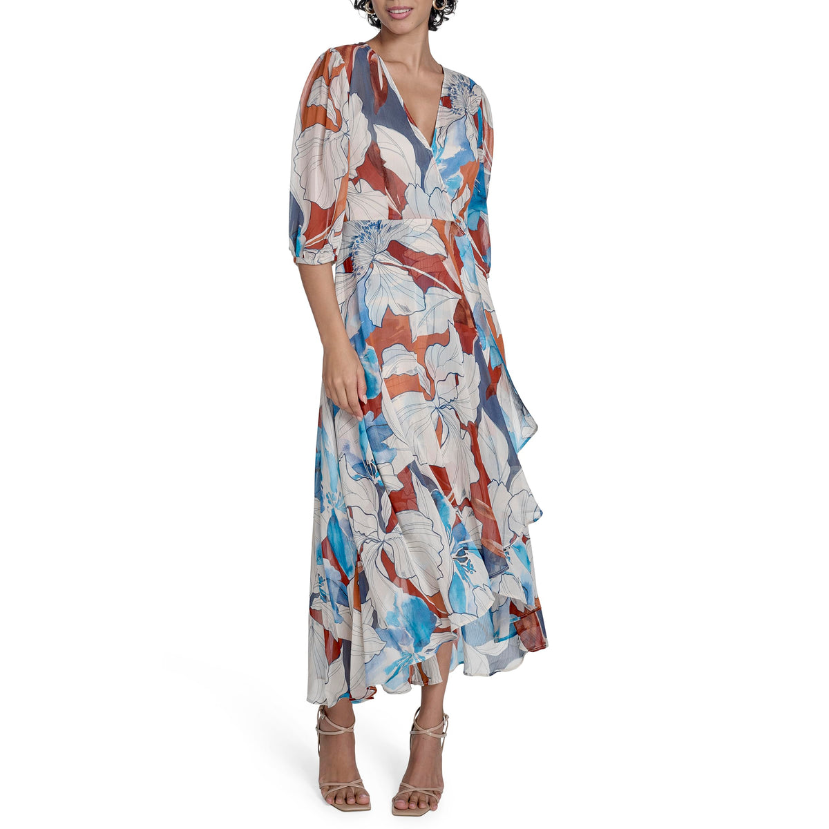 Calvin Klein Womens Wrap Midi Dress Oxford Multi Size 4