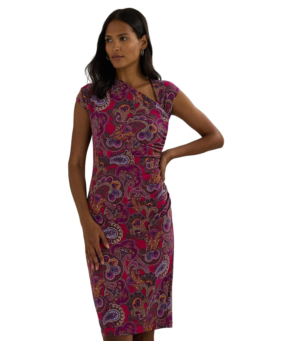 Lauren Ralph Lauren Womens Fuchsia Multi Paisley Stretch Jersey Cap Sleeve Dress Size 12