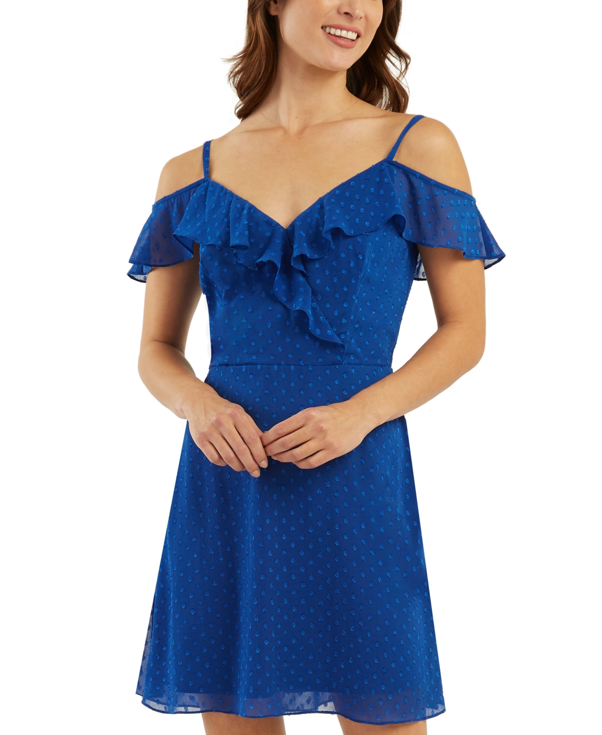 BCX Junior's Ruffled Cold Shoulder Dress Blue Size X-Large
