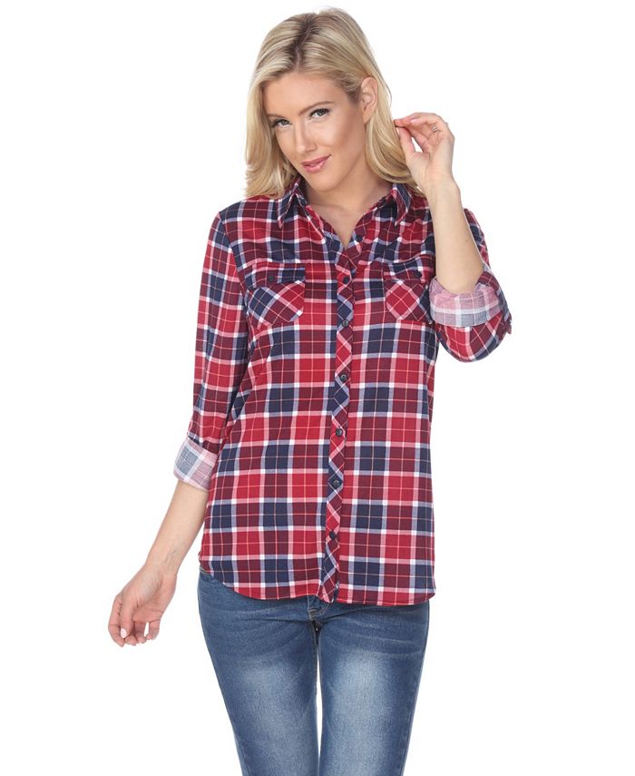 White Mark Women's Oakley Stretchy Plaid Top Blue Size Small