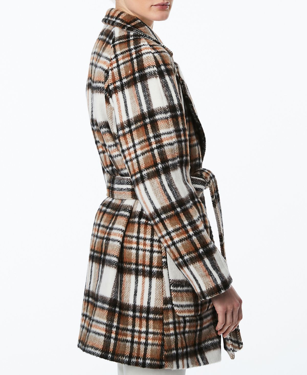 Collection B Junior's Plaid Belted Wrap Coat Brown Size Large