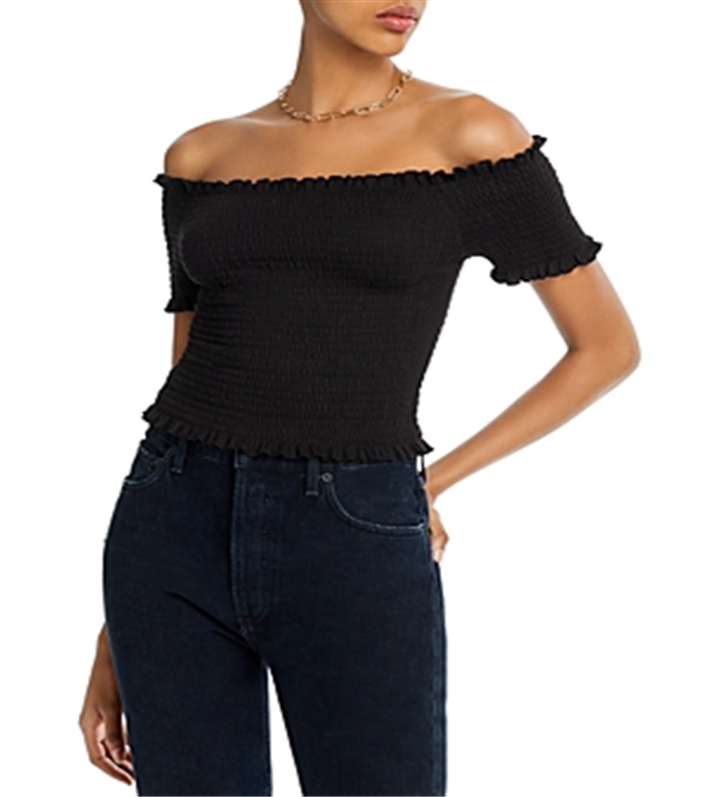 Aqua Womens Smocked Off-the-Shoulder Crop Top Black Size S