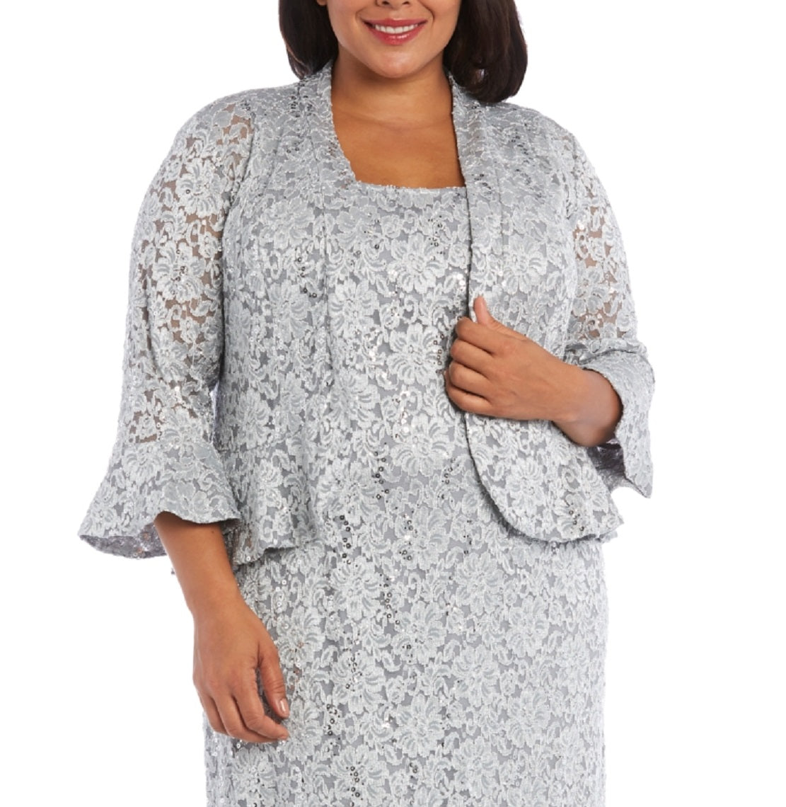 R & M Richards Women's Lace Dress & Ruffled Jacket Gray Size 16W