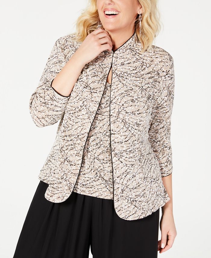 Alex Evenings Women's Foiled Print Twinset Beige Size 2X
