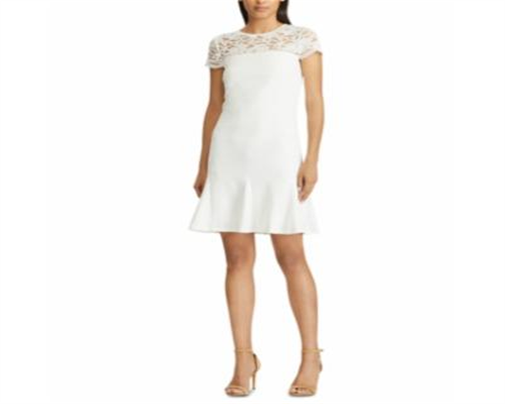 Ralph Lauren Women's Lace Yoke Crepe Dress White Size 16 Petite