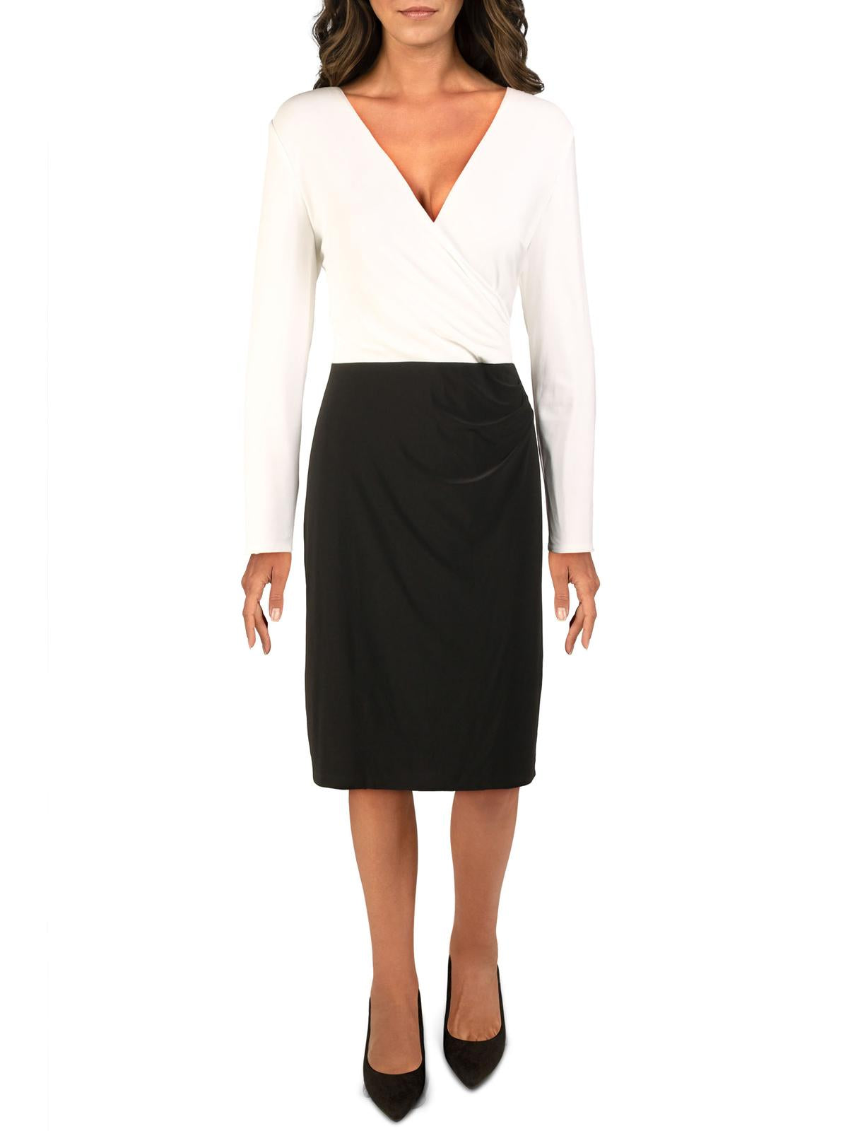 Ralph Lauren Women's Two Tone Crossover V Neck Dress Black Size 16