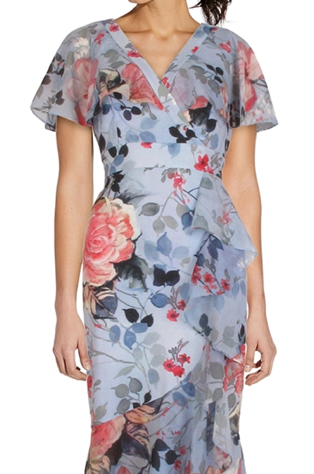 Adrianna Papell Women's Floral Wrap Front Ruffle Midi Dress Blue Size 12