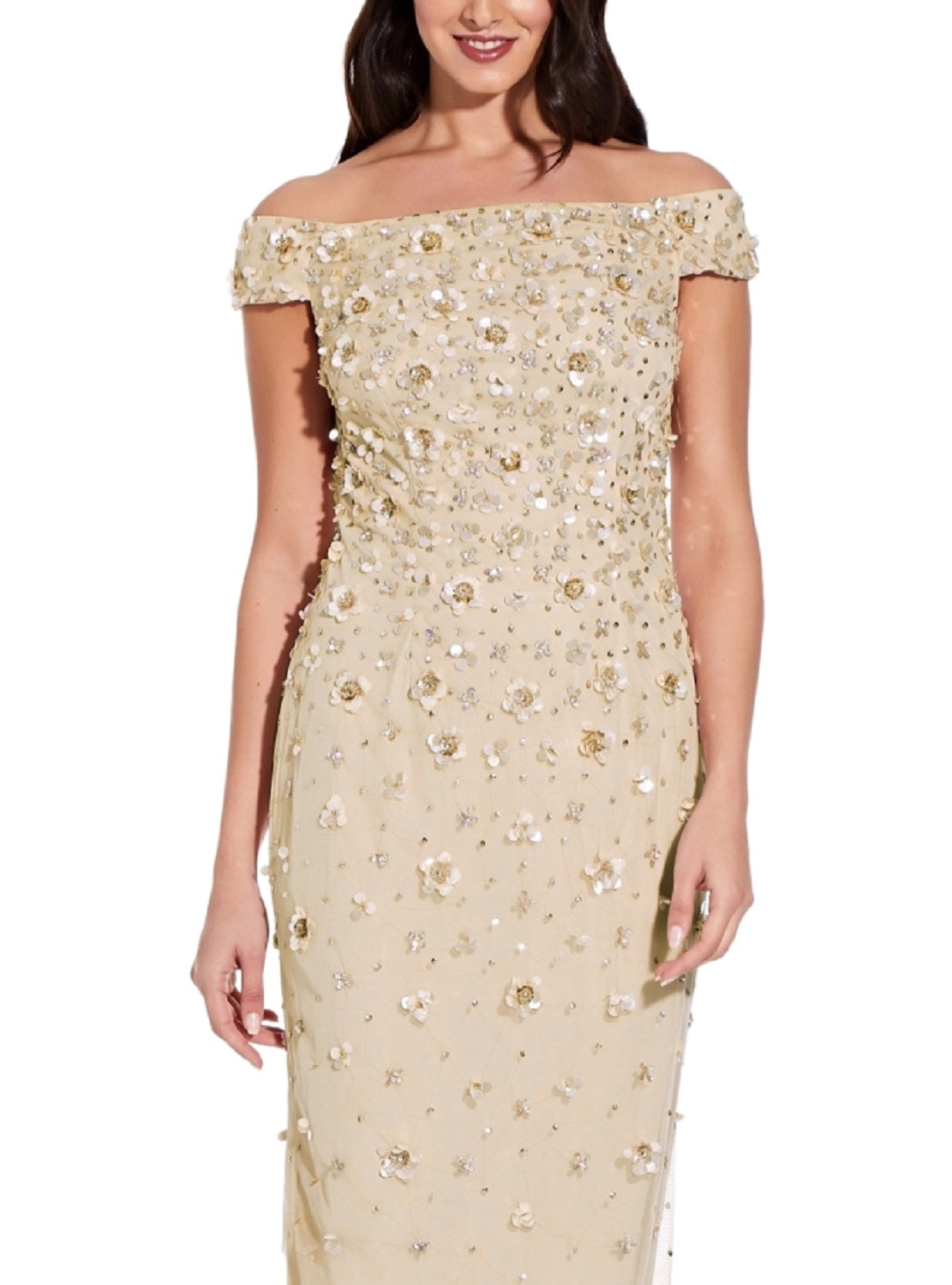 Adrianna Papell Women's Off The Shoulder 3-D Beaded Gown Brown Size 14