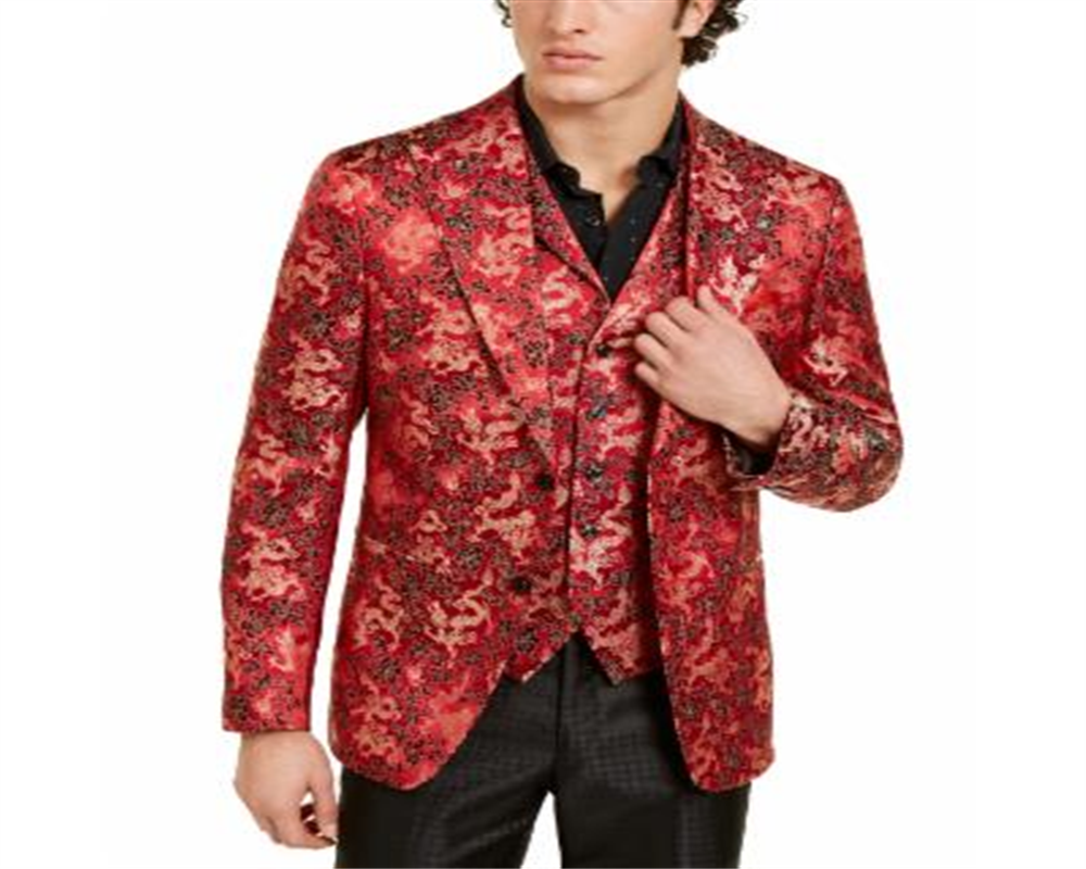 Tallia Men's Short Metallic Dragon Floral Satin Suit Jacket Red Size 42