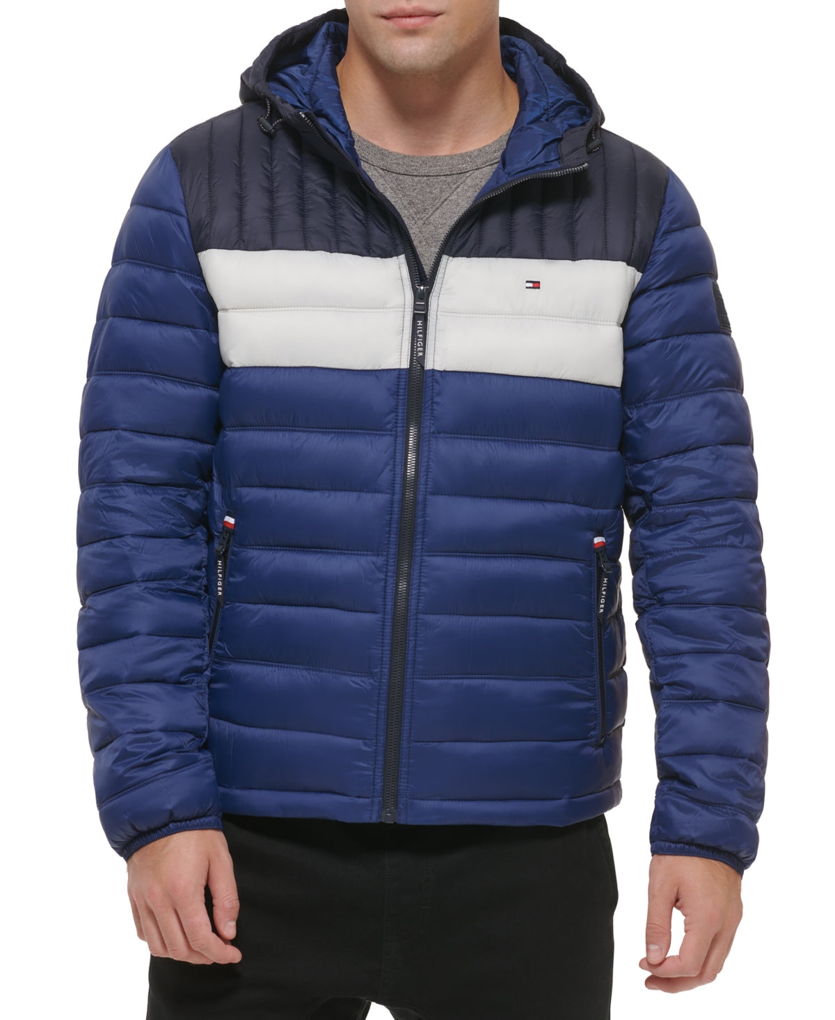 Tommy Hilfiger Men's Quilted Color Blocked Hooded Puffer Jacket Blue Size Large