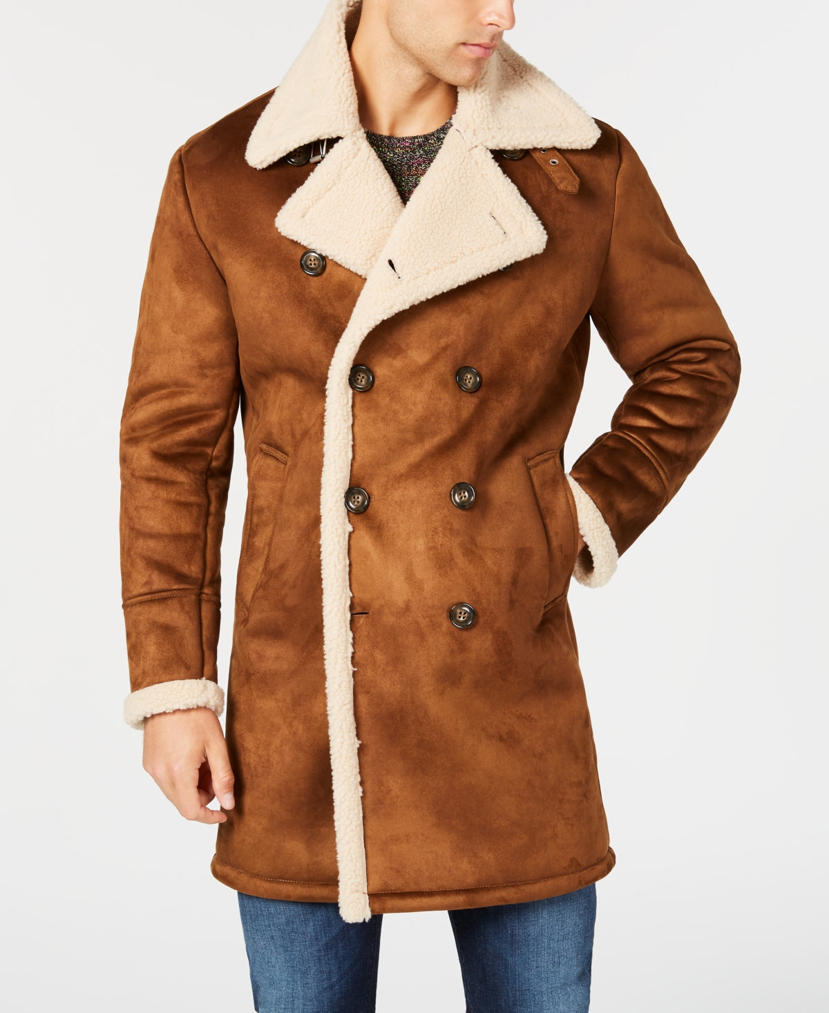 GUESS Men's Faux Shearling Overcoat Brown Size Small
