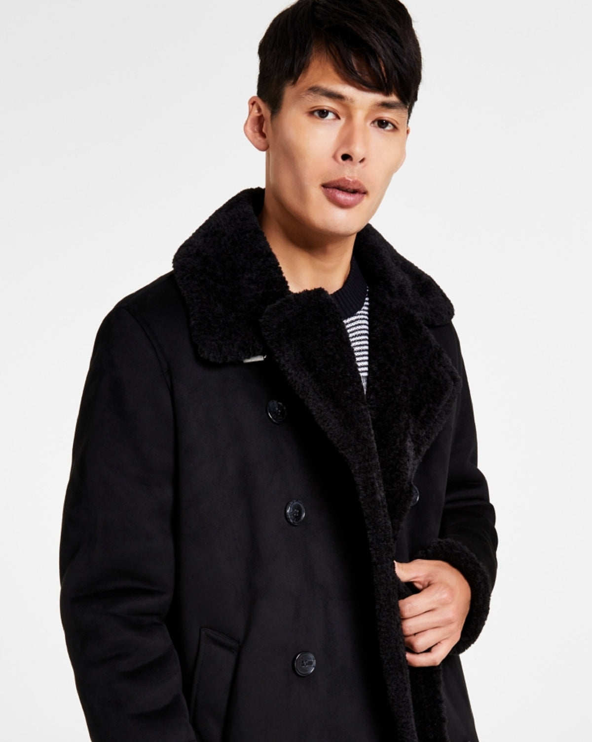 GUESS Men's Faux Shearling Overcoat Black Size Large