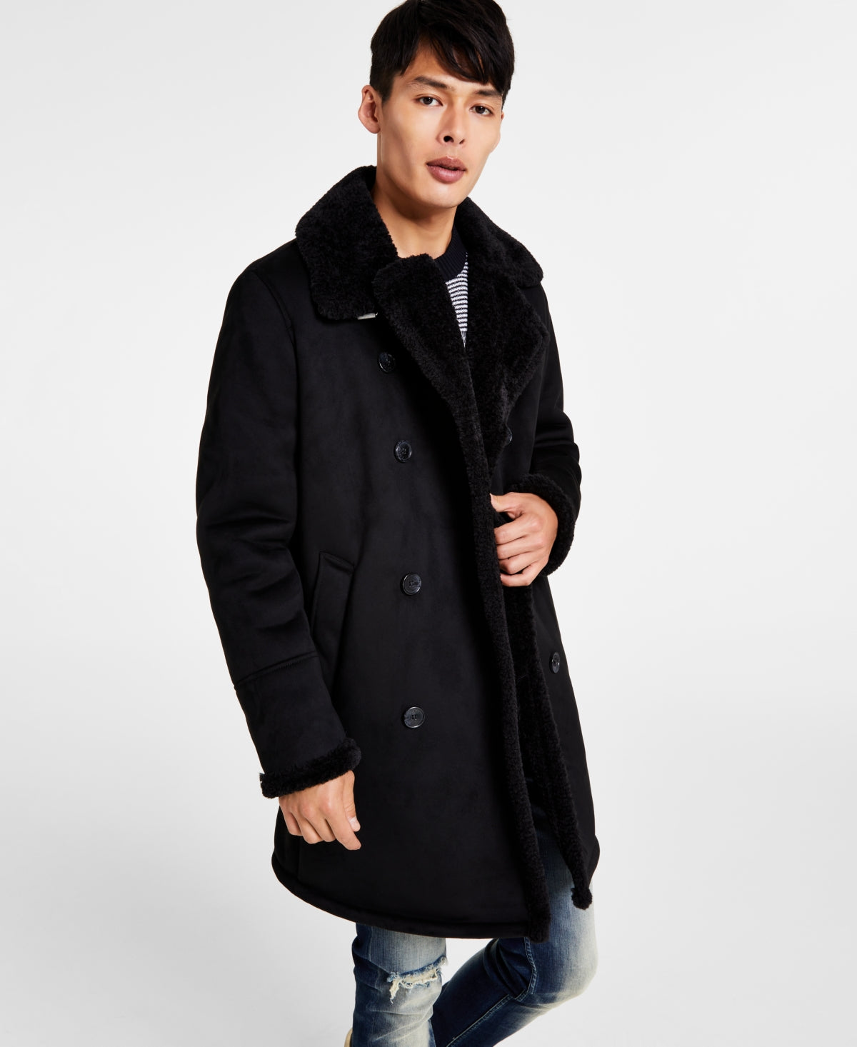 GUESS Men's Faux Shearling Overcoat Black Size Large