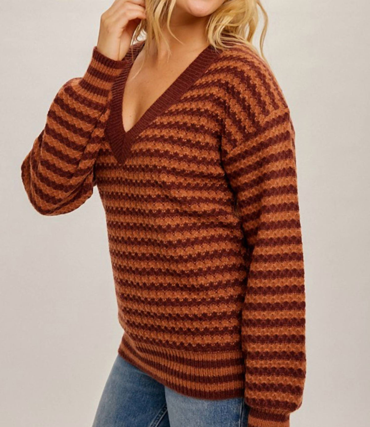 Hem & Thread - V-neck Striped Bubble Sleeve Sweater