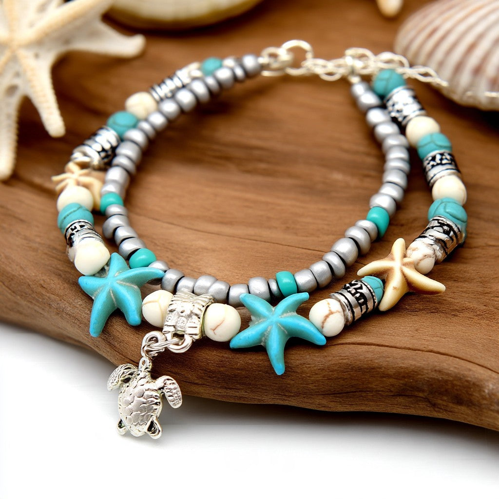 Turquoise Turtle Two Row Anklets